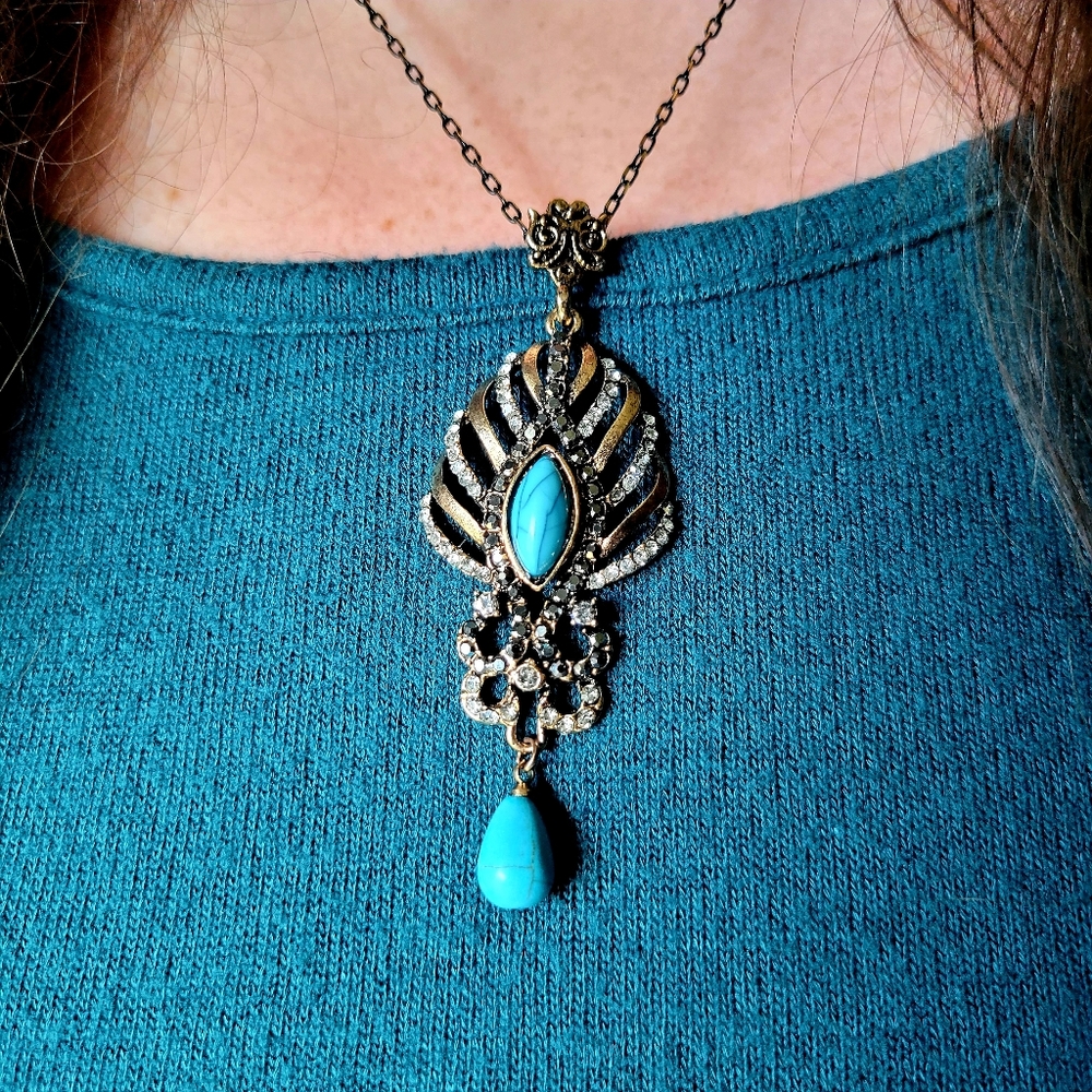 East of India Boho Turquoise Faux Bronze Pendant Crystal Gemstones Necklace - Picture 5 of 12